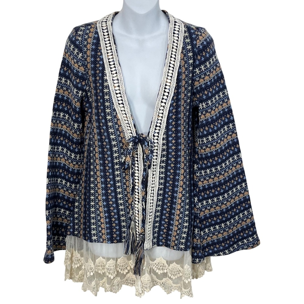 RYU‎ Lace Trim Bell Sleeve Nordic Knit Tie front Cardigan Women's Size Medium
